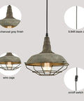 Farmhouse Plug In Pendant Light With 16 Feet Hanging Cord And Wire Cage Shade In Dark Charcoal Gray Finish shown with details of finish, cord, switch.