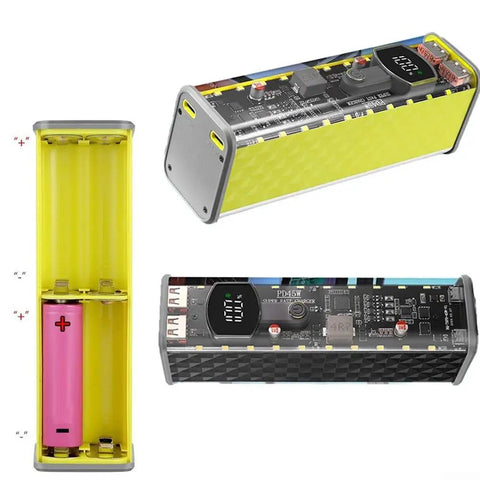 Effortless No Sweat Solderless DIY Power Bank Enclosure Holds Eight 18650 Batteries In Transparent ABS Case Featuring Killer 45 Watt Fast Charging showing internal battery layout and display.