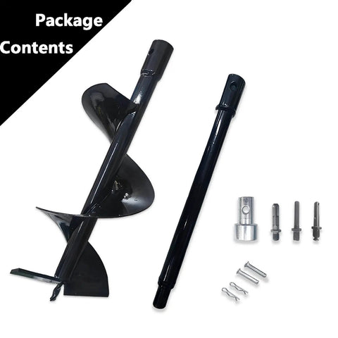 Package contents of 26.7 Inch Compost Stirring Tool For Outdoor Tumbler Bins, including heavy duty mixer bar and drill attachments.