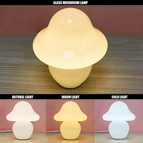 Milk White Glass Mushroom Lamp Small Translucent Nightstand Light For Bedroom And Living Room, So Cute Modern Table Lamp With Murano Style Aesthetic Cozy Glow Gift Idea, displaying different color temperatures.