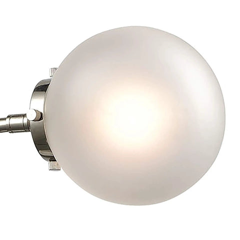 Polished nickel frosted glass globe of Boudreaux 26 Inch Wide Slick Three Light Chandelier With Polished Nickel Finish, Frosted Glass, Adjustable Height Up To 46 Inches, Includes 6 Inch, 12 Inch And 18 Inch Extension Rods, 8 Feet Of Wiring, 60W Candelabra Base Bulbs Recommended.