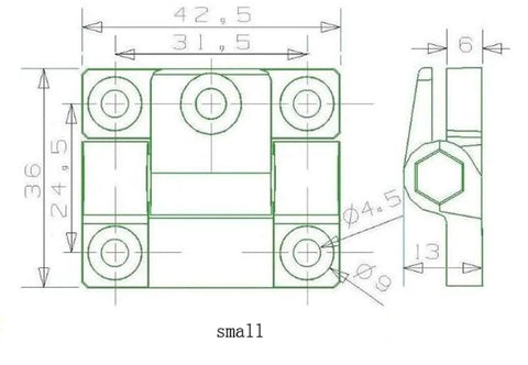 Front view of six plastic Z-shaped adjustable torque-damping hinge stops, small white.