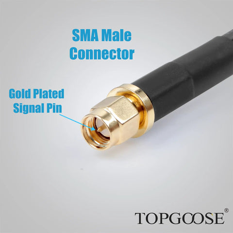 Close-up of SMA Male Connector with gold plated signal pin, part of SMA Male To SMA Female Coax Cable 10 Ft RG58 Extension for SDR