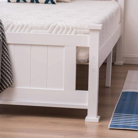 Twin Size Solid Wood Platform Bed Frame With Headboard No Box Spring Needed White Finish showing sturdy corner with slats.