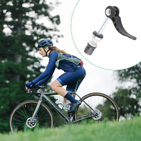 Cyclist on mountain bike with inset of Lightweight Aluminum Alloy Quick Release Seat Post Clamp And Binder Clip For Road And Mountain Bikes