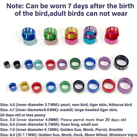 Flat Aluminum Pigeon Ring Set No Fuss For Bird Leg Bands With Random Mixed Colors And Clear Laser Etched ID Numbers 200 Count