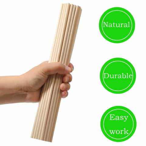 Hand holding a bundle of 50 Pack Straight Up Real Deal Wooden Dowel Rods 1/4 X 12 Inches Natural Hardwood Craft Sticks.