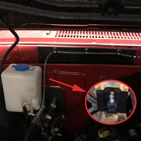 Universal 12V Windshield Washer Pump Kit With Fluid Reservoir Bottle Jet Nozzle Switch installed in a vehicle hood