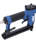 Heavy Duty Pneumatic Brad Nailer With Aluminum Body For Woodworking Furniture Cabinet Refinish And Ceiling Repair 22 Gauge 4 To 16 Millimeter Nails with blue handle and air connector.