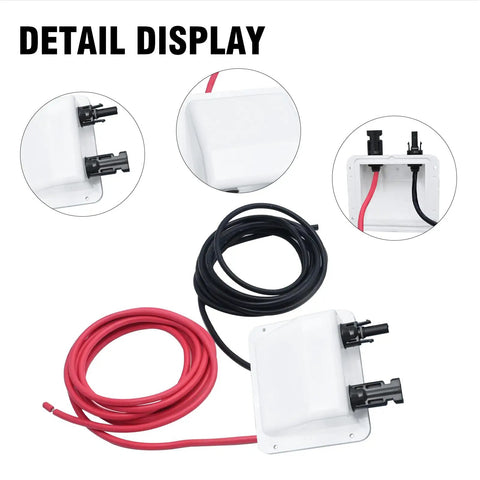 10Ft 10AWG Solar Cable Entry Gland Box With Dual Cable Entry, UV Resistant White ABS Housing, black and red cables