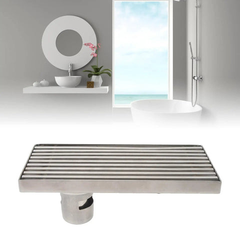 Oreilet Linear Shower Drain Bathroom Floor Drain with Hair Catcher (Side) in stainless steel with striped design for effective drainage.