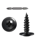 Boss Grade Black Truss Head Wood Screws 300 Pack Size 8 X 3 4 Inch Carbon Steel Self Tapping Fasteners showing screw head and tip.