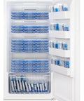 Interior view of 33 Inch Wide Upright All-Freezer Delivering 17 Cu Ft True No Frost with organized bins and LED display.