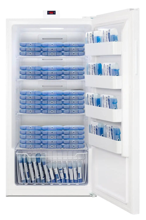 Interior view of 33 Inch Wide Upright All-Freezer Delivering 17 Cu Ft True No Frost with organized bins and LED display.
