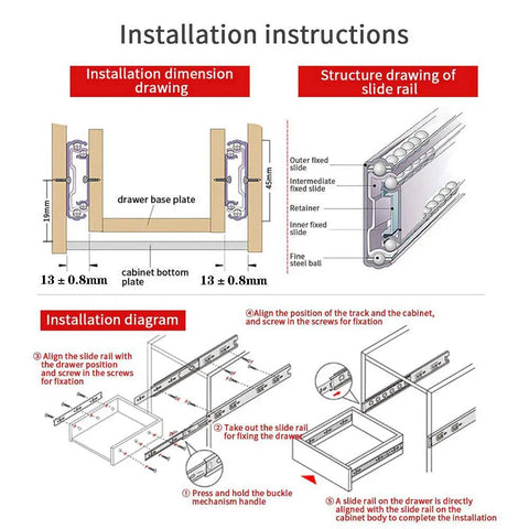 Installation instructions for 3-Fold Full Extension Drawer Slides Heavy Duty Ball Bearing Runners With Quiet Cushioned Glide For Cabinets And Drawers Silent Smooth Operation 14 Inch 35 cm Rails For Kitchen Garage RV Truck Storage.