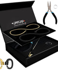 DIY Permanent Bracelet Kit With Ring Shaped Clasp For Couples And Friends Create A Bond With This All In One Tool Set Including Unlocking Tool Golden Clamp And Black Pliers Ideal Gift For Anniversaries Mothers Day And Birthdays Black And Gold, showing open box and tools.