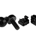 Rock Solid M6 12mm Screws And Cage Nuts 100 Pack Rack Mount Hardware Kit For 19 Inch Server Cabinets Square Hole Rails With Wrench No Sweat Installation Pro Grade Black Steel Fastener Kit, showing screws and cage nuts.