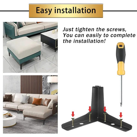 Easy installation of 4 Inch Metal Furniture Legs Black Set Of 4 Heavy Duty Modern Style Replacement Sofa Feet For Dresser Chair Bed Table Cabinet Ottoman Cupboard DIY Upgrade With Floor Protection Pads And No Squeak Design shown with instructions and screwdriver