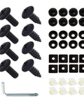 Rustproof License Plate Screws Kit With Anti Theft And Anti Vibration Stainless Steel Self Tapping Fasteners, black finish, foam pads, washers, covers.