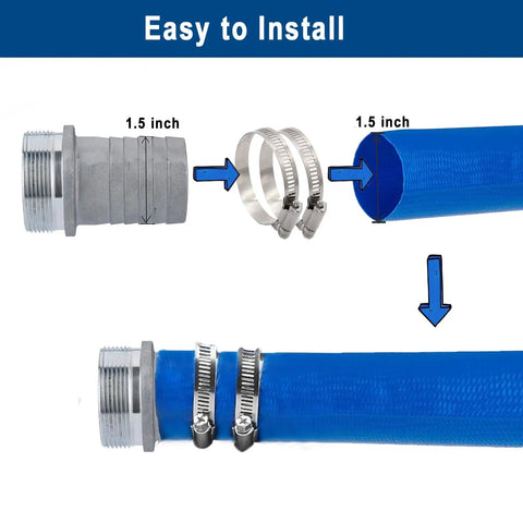 1.5 Inch Aluminum Pin Lug Fitting Set With Brass Swivel Nut And 2 Clamps For Heavy Duty, Leak Free Hose And Pipe Connections Across Industrial, Automotive, And Home Shop Uses installed on blue hose