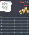 350 Pcs Brass Heat Set Threaded Inserts Kit For Plastic And 3D Printing M2 To M6, showing knurled design and size chart