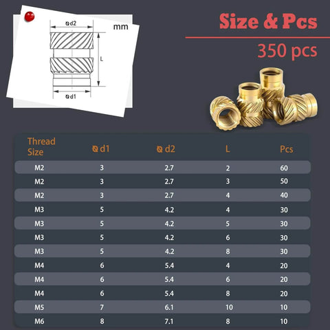 350 Pcs Brass Heat Set Threaded Inserts Kit For Plastic And 3D Printing M2 To M6, showing knurled design and size chart