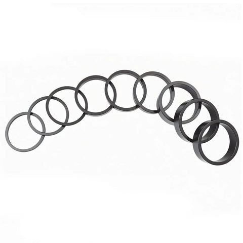 9 Piece Bicycle Headset Spacers Set for 1 And 1 Eighth Inch Steerer, Aluminum Alloy, Three Sizes, Black arranged in curve