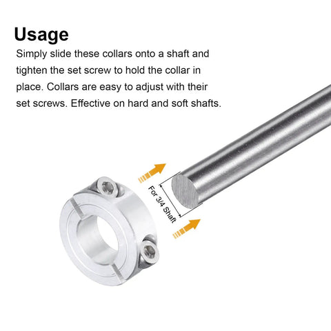 Double Split Clamp On Shaft Collar For 3/4 Inch Shaft with set screws shown with metal rod, usage instructions highlighted