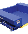 Electric Hydraulic Ground Lift Table With Tilt Top, 44 By 52 Inch Steel Deck, 4000 Lb Capacity, blue hydraulic lift table with red control box.