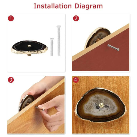 Installation diagram for Fresh Natural Agate Stone Cabinet Knobs With Gold Trimmed Edges with mounting screws and drawer pull