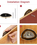 Installation diagram for Slick Agate Stone Drawer Handles With Gold Plated Edges, showcasing screw-in design and natural textures.