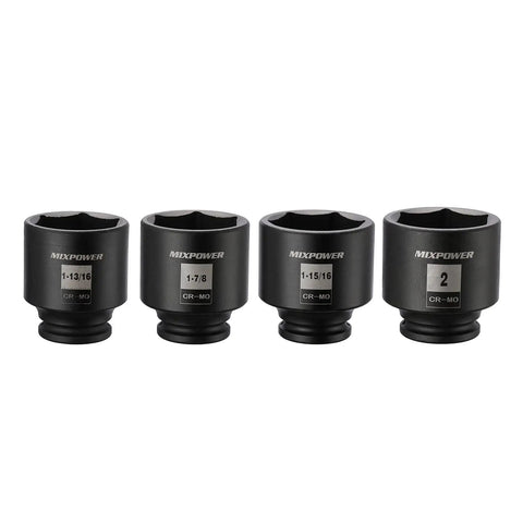 1/2-Inch Drive Impact Socket Set 6-Point Cr-Mo Heavy-Duty 4-Piece with 1-13/16, 1-7/8, 1-15/16, and 2 inch sizes displayed