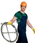 Man in safety gear holding Heavy Duty Commercial Yard Drain Snake With 150 Feet Of Thick Manganese Steel Cable Pro Pipe Clog Buster.