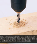 Heavy Duty Brad Point Stubby Drill Bit Set For Woodworking With 6 Pack Hss 4241 Steel Quick Change Hex Shank boring into wood.