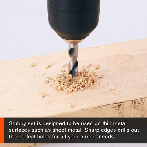 Heavy Duty Brad Point Stubby Drill Bit Set For Woodworking With 6 Pack Hss 4241 Steel Quick Change Hex Shank boring into wood.