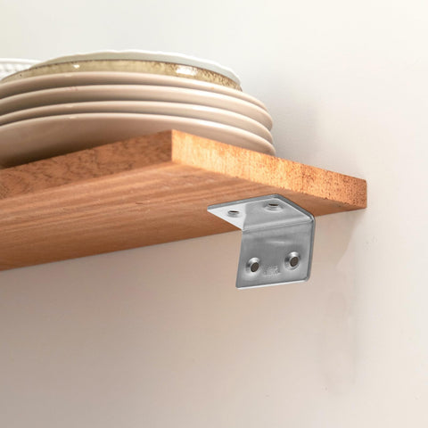 DIY Wood And Plastic L Shaped Corner Braces 304 Stainless Steel 90 Degree Shelf Brackets under wooden shelf with plates