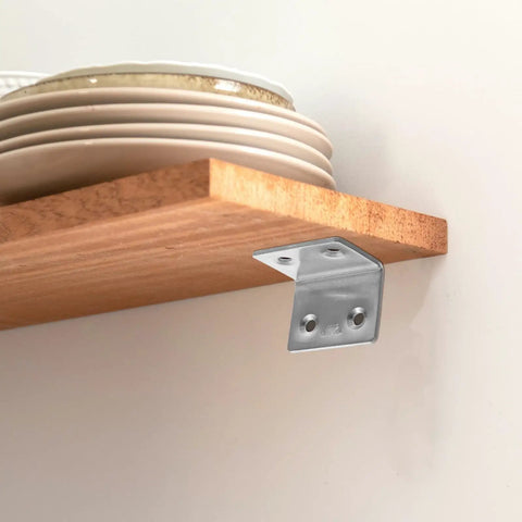 Heavy Duty 10 Pack 304 Stainless Steel Corner Brackets For Furniture And Wood Reusable Shelf Brackets holding wooden shelf