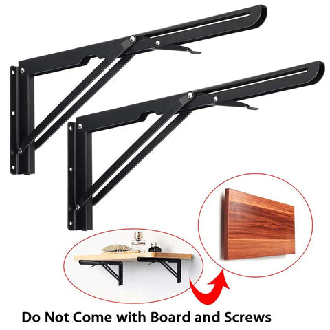 Heavy Duty Folding Shelf Brackets Set Metal Triangle Wall Mounted 2 Pack 16 Inch Black Finish Supports Up To 132 Lb Each