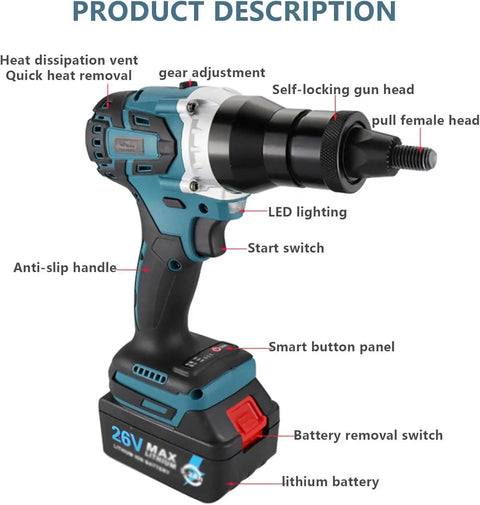 Heavy Duty Cordless Rivet Gun Set Featuring Automatic Battery Powered Operation For Smooth No Sweat M3 To M12 Sheet Metal Installation Included With Two Full Capacity Packs, close-up view highlighting LED, button panel, and battery.