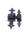 Rock Solid Black Powder Coated Wrought Iron French Quarter Slide Bolt Cabinet Latch Lock Five And One Half Inches close-up view.