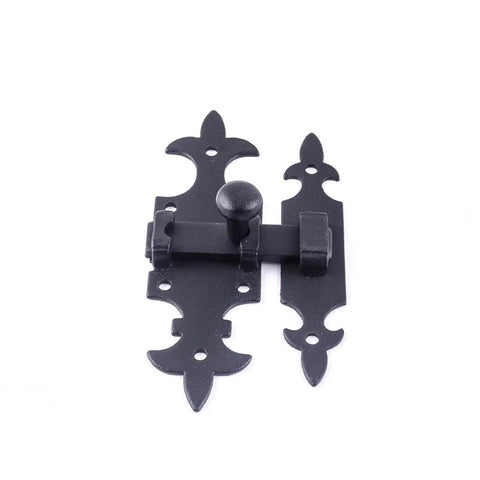Rock Solid Black Powder Coated Wrought Iron French Quarter Slide Bolt Cabinet Latch Lock Five And One Half Inches close-up view.