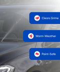 Heavy Duty One Gallon Windshield Washer Fluid With Tough Bug And Tar Blasting Blend for cleaning grime on a car windshield.
