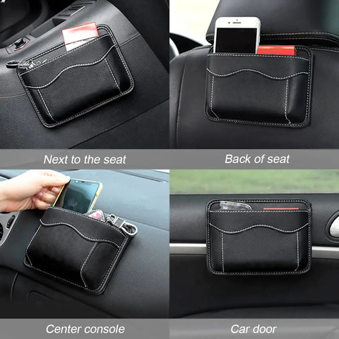PU Leather Car Seat Gap Organizer Pocket Mini Storage Bag for auto door, console, window pen, phone holder, black use case view