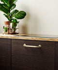 Champagne Bronze Reeded Cabinet Pulls Six Pack 5 Inch Sleek Modern Textured Drawer Handles on dark wood kitchen cabinetry