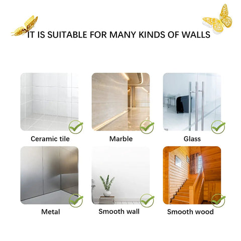 Compatibility guide for Gold 3D Butterfly Wall Decor Set with 48 Removable Stickers on ceramic, marble, glass, metal, smooth walls, wood.
