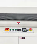Control panel for Dinenovate Industrial Heat Shrink Tunnel Machine with buttons and digital display for temperature control.