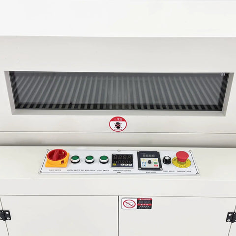 Control panel for Dinenovate Industrial Heat Shrink Tunnel Machine with buttons and digital display for temperature control.