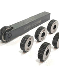 Single Wheel Knurling Tool Holder with Five Spare HSS Knurls, 12x12x100 mm tool steel body, rust resistant, metalworking tools displayed.