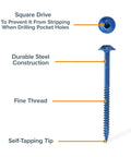 Pocket Hole Screw Kit With Color Coat Self Tapping Coarse Thread Wood Screws, Square Drive diagram showcasing features.