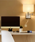 9.5 Inch Wall Lamp With USB Port And Dimmer, Plug In Cord Sconce With White Fabric Shade above desk setup